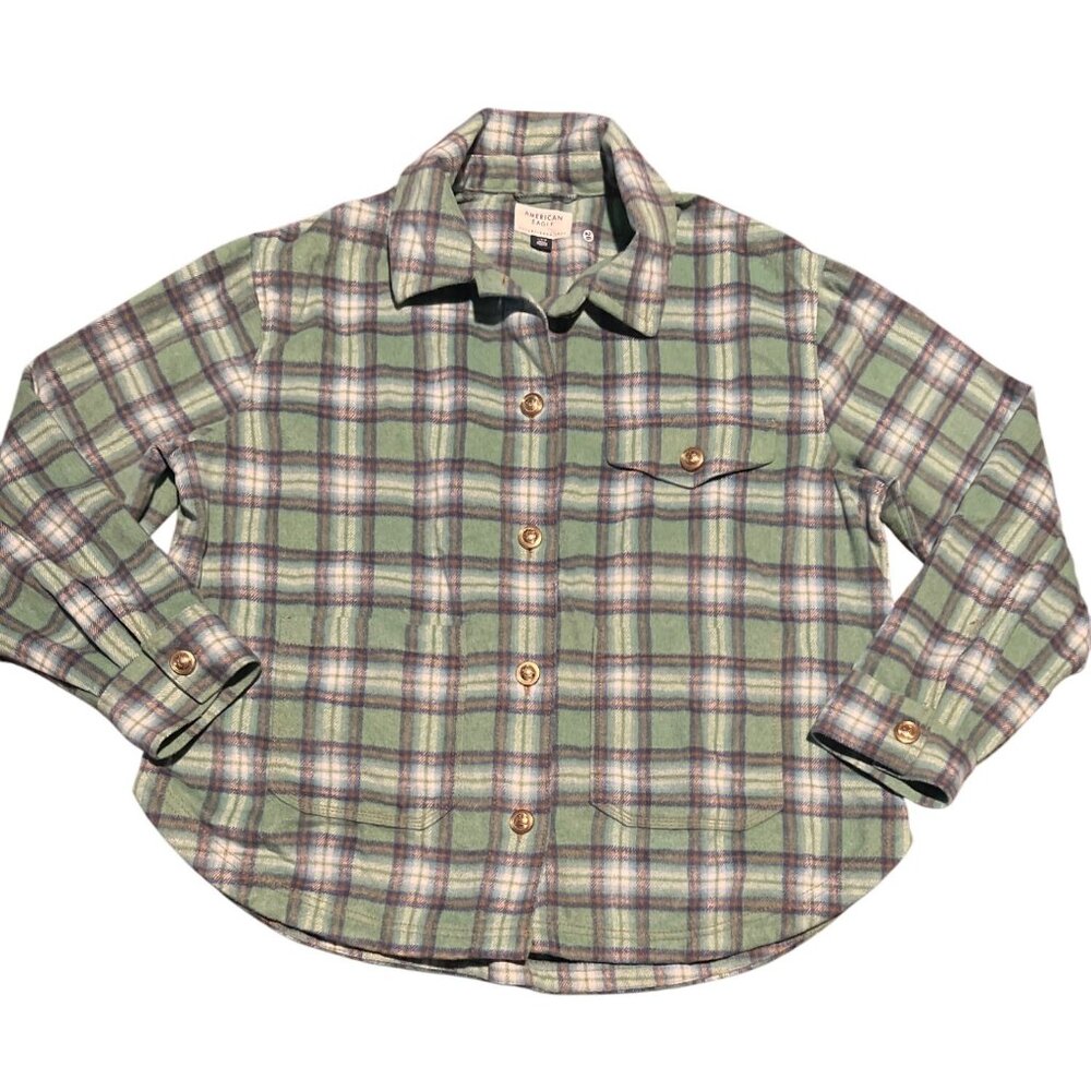 American Eagle Plaid Flannel Button-Up Shirt Shacket L Long Sleeve Classic‎ Fit